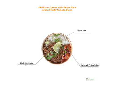 Chilli con Carne with Onion Rice and Tomato Salsa