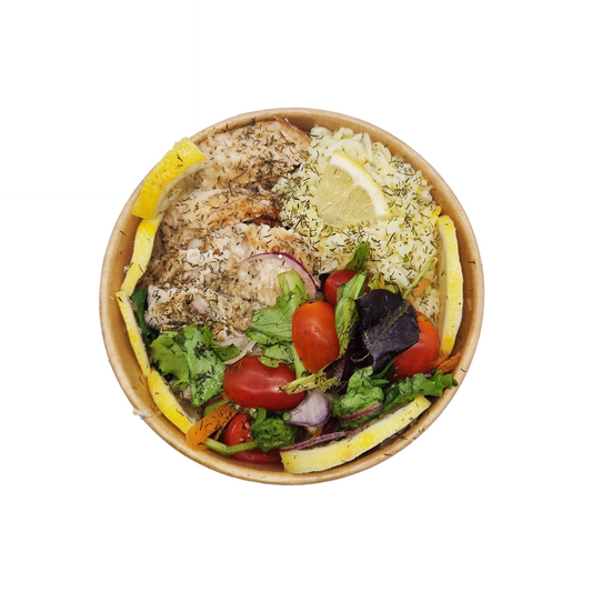 Garlic Lemon Chicken with Lemon Rice and Mixed Salad