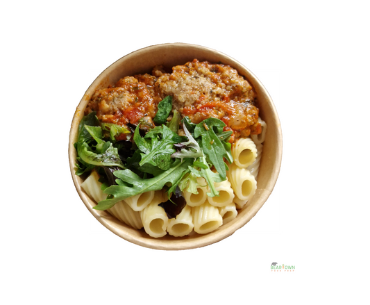 Italian Beef Meatballs with Pasta and Mixed Salad